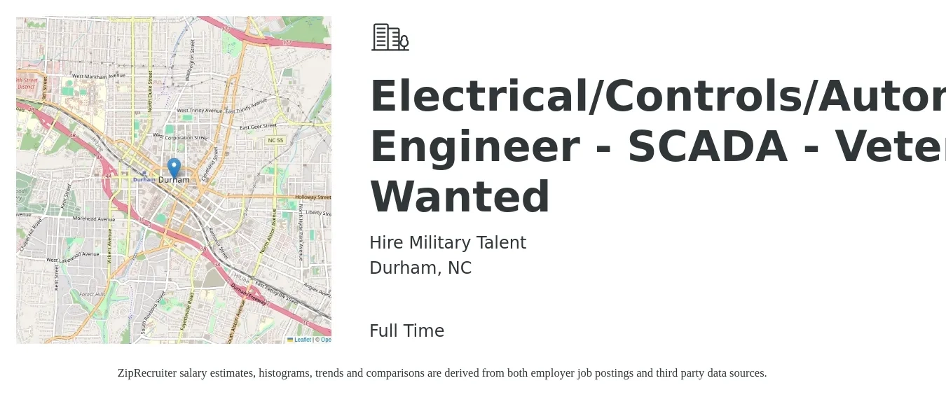 Hire Military Talent job posting for a Electrical/Controls/Automation Engineer - SCADA - Veteran Wanted in Durham, NC with a salary of $77,300 to $103,400 Yearly with a map of Durham location.