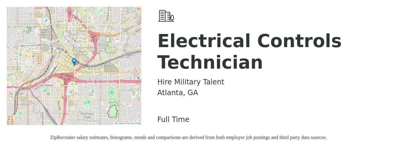 Hire Military Talent job posting for a Electrical Controls Technician in Atlanta, GA with a salary of $27 to $36 Hourly with a map of Atlanta location.