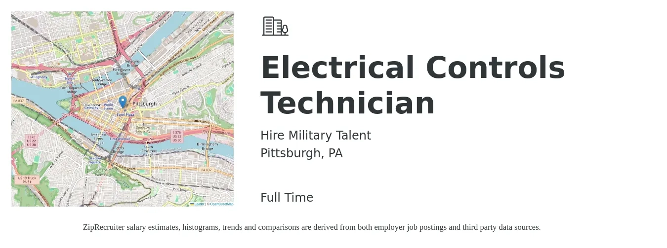 Hire Military Talent job posting for a Electrical Controls Technician in Pittsburgh, PA with a salary of $27 to $36 Hourly with a map of Pittsburgh location.