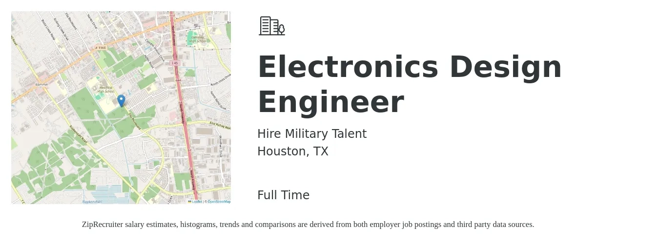 Hire Military Talent job posting for a Electronics Design Engineer in Houston, TX with a salary of $83,600 to $116,000 Yearly with a map of Houston location.