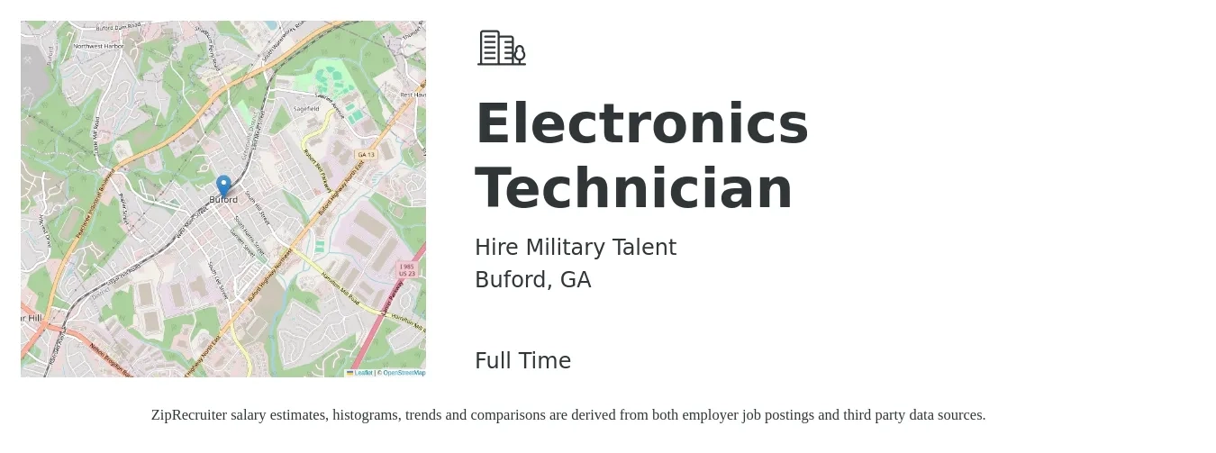 Hire Military Talent job posting for a Electronics Technician in Buford, GA with a salary of $41,900 to $63,800 Yearly with a map of Buford location.
