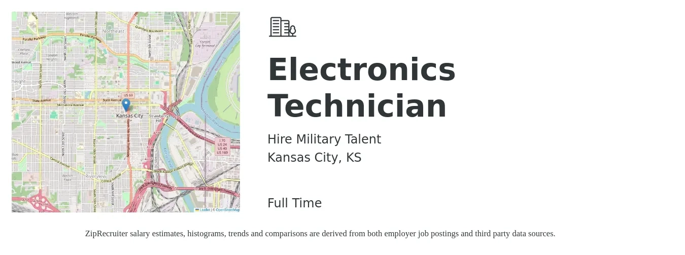 Hire Military Talent job posting for a Electronics Technician in Kansas City, KS with a salary of $44,400 to $67,500 Yearly with a map of Kansas City location.