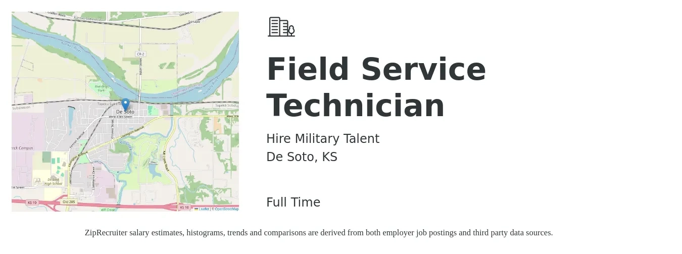 Hire Military Talent job posting for a Field Service Technician in De Soto, KS with a salary of $19 to $29 Hourly with a map of De Soto location.
