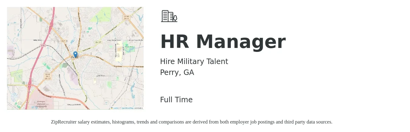 Hire Military Talent job posting for a HR Manager in Perry, GA with a salary of $62,200 to $90,200 Yearly with a map of Perry location.