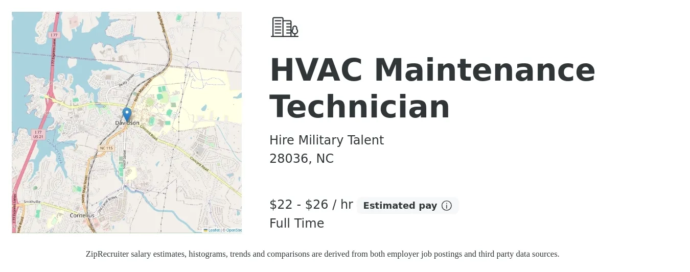 Hire Military Talent job posting for a HVAC Maintenance Technician in 28036, NC with a salary of $23 to $28 Hourly with a map of 28036 location.