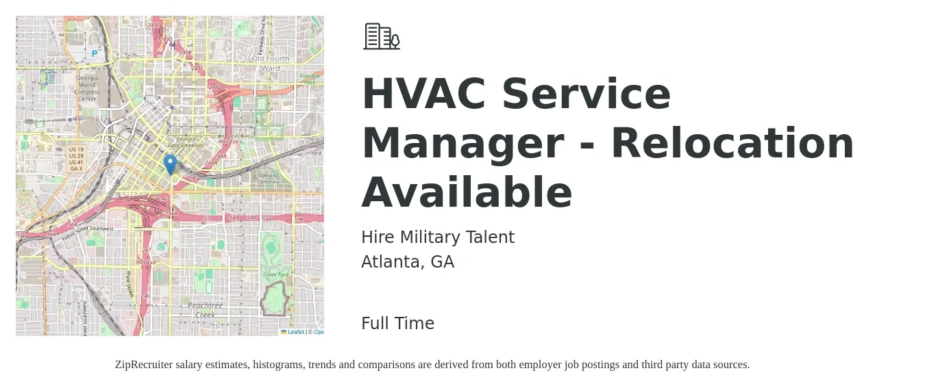Hire Military Talent job posting for a HVAC Service Manager - Relocation Available in Atlanta, GA with a salary of $64,400 to $94,200 Yearly with a map of Atlanta location.