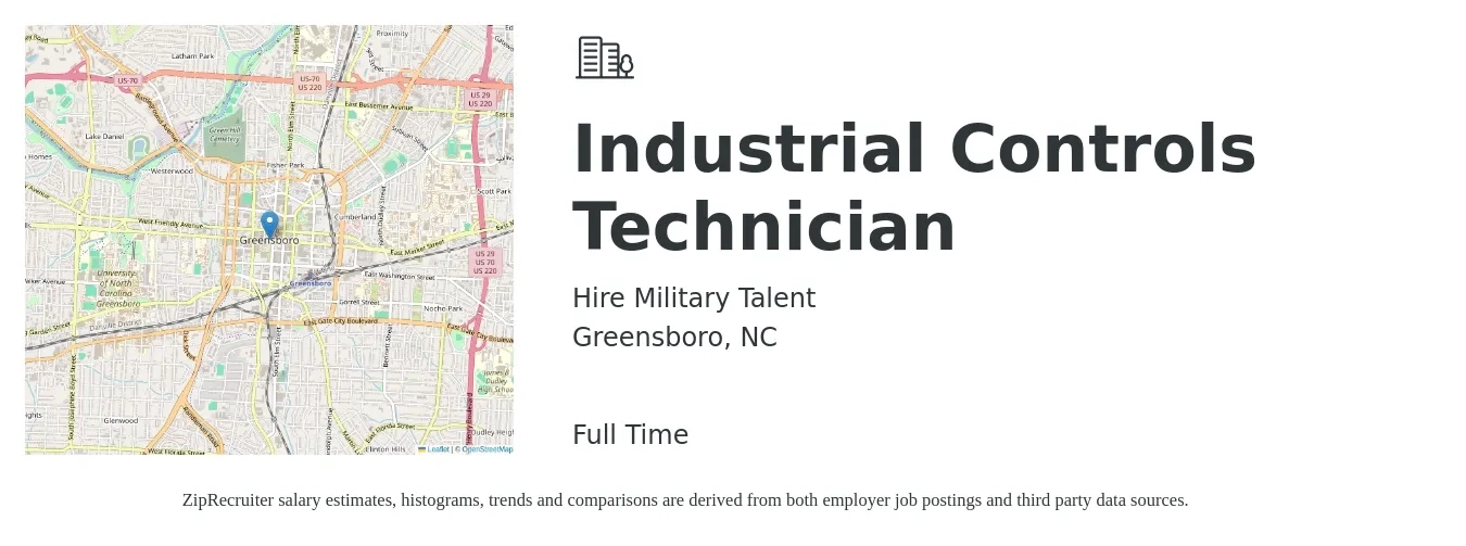 Hire Military Talent job posting for a Industrial Controls Technician in Greensboro, NC with a salary of $28 to $36 Hourly with a map of Greensboro location.