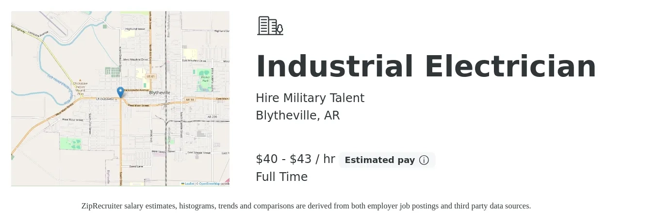 Hire Military Talent job posting for a Industrial Electrician in Blytheville, AR with a salary of $42 to $45 Hourly with a map of Blytheville location.