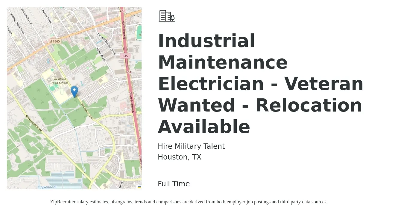 Hire Military Talent job posting for a Industrial Maintenance Electrician - Veteran Wanted - Relocation Available in Houston, TX with a salary of $28 to $34 Hourly with a map of Houston location.