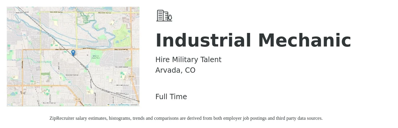 Hire Military Talent job posting for a Industrial Mechanic in Arvada, CO with a salary of $32 to $36 Hourly with a map of Arvada location.
