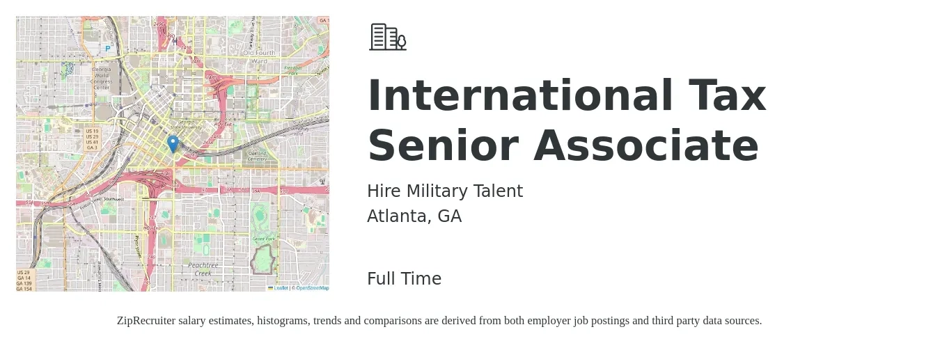 Hire Military Talent job posting for a International Tax Senior Associate in Atlanta, GA with a salary of $78,400 to $97,100 Yearly with a map of Atlanta location.