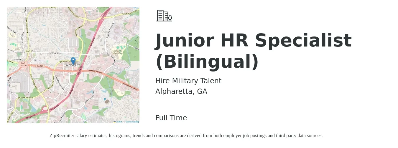 Hire Military Talent job posting for a Junior HR Specialist (Bilingual) in Alpharetta, GA with a map of Alpharetta location.