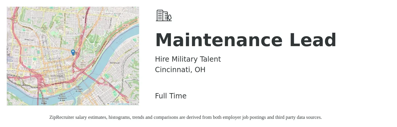 Hire Military Talent job posting for a Maintenance Lead in Cincinnati, OH with a salary of $23 to $38 Hourly with a map of Cincinnati location.