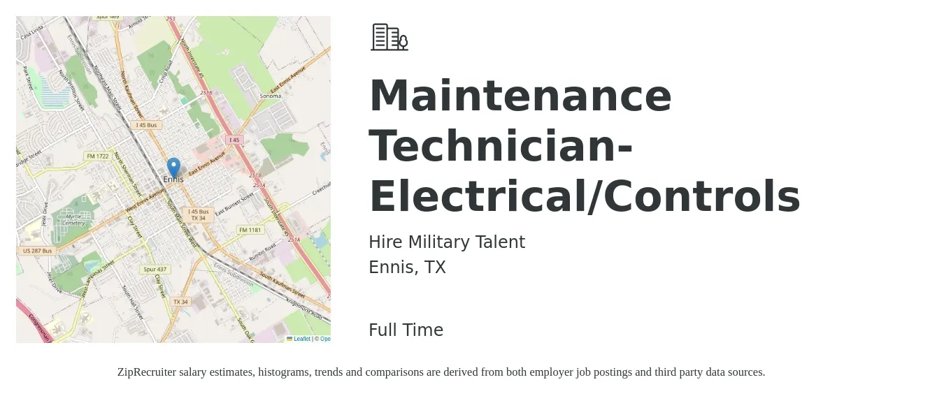Hire Military Talent job posting for a Maintenance Technician- Electrical/Controls in Ennis, TX with a salary of $18 to $25 Hourly with a map of Ennis location.