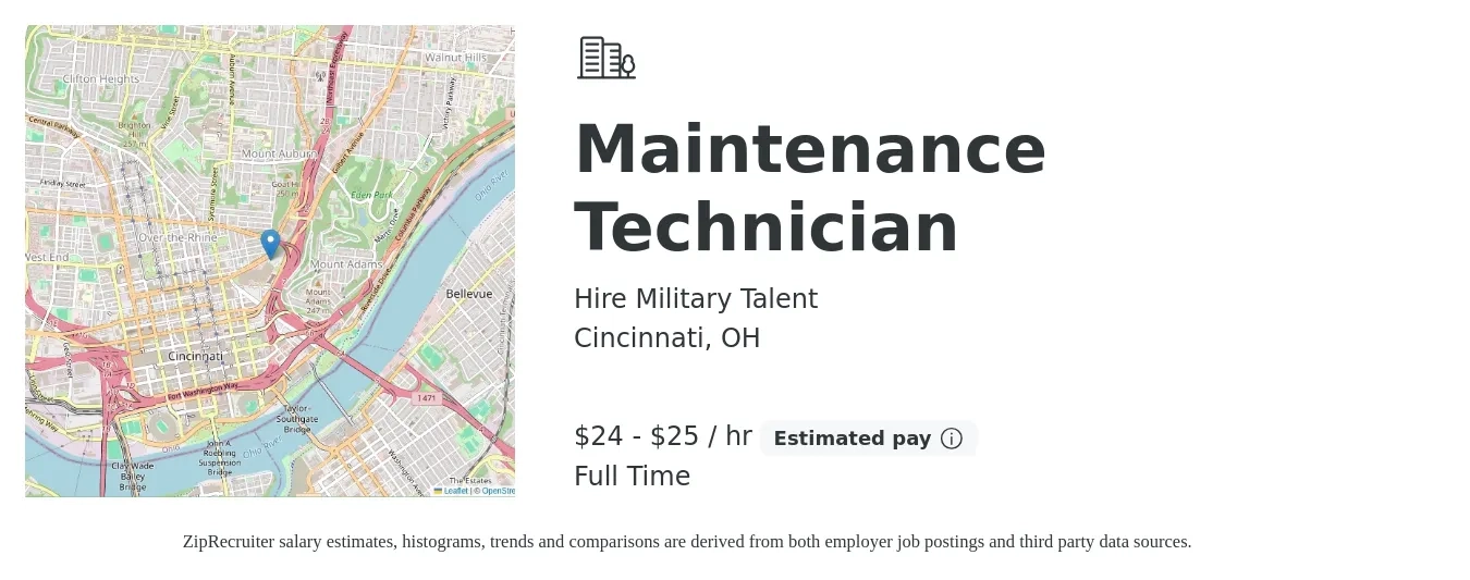 Hire Military Talent job posting for a Maintenance Technician in Cincinnati, OH with a salary of $25 to $27 Hourly with a map of Cincinnati location.