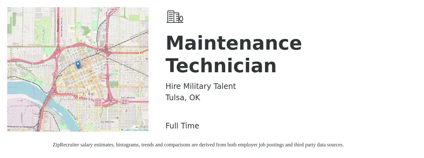 Hire Military Talent job posting for a Maintenance Technician in Tulsa, OK with a salary of $22 to $32 Hourly with a map of Tulsa location.