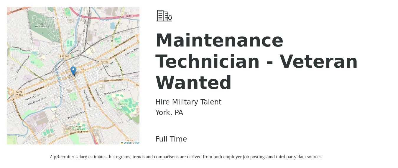 Hire Military Talent job posting for a Maintenance Technician - Veteran Wanted in York, PA with a salary of $31 Hourly with a map of York location.
