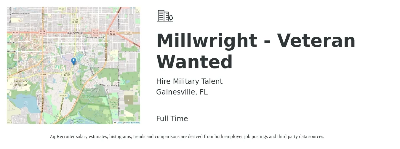 Hire Military Talent job posting for a Millwright - Veteran Wanted in Gainesville, FL with a salary of $23 to $30 Hourly with a map of Gainesville location.