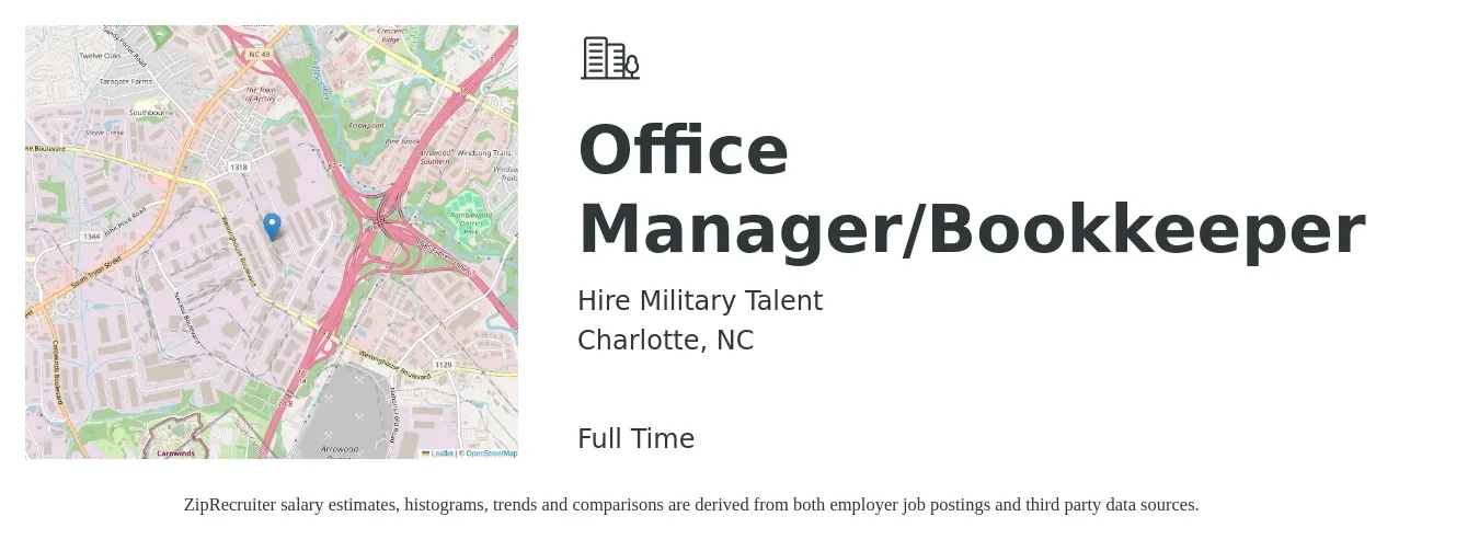 Hire Military Talent job posting for a Office Manager/Bookkeeper in Charlotte, NC with a salary of $20 to $28 Hourly with a map of Charlotte location.
