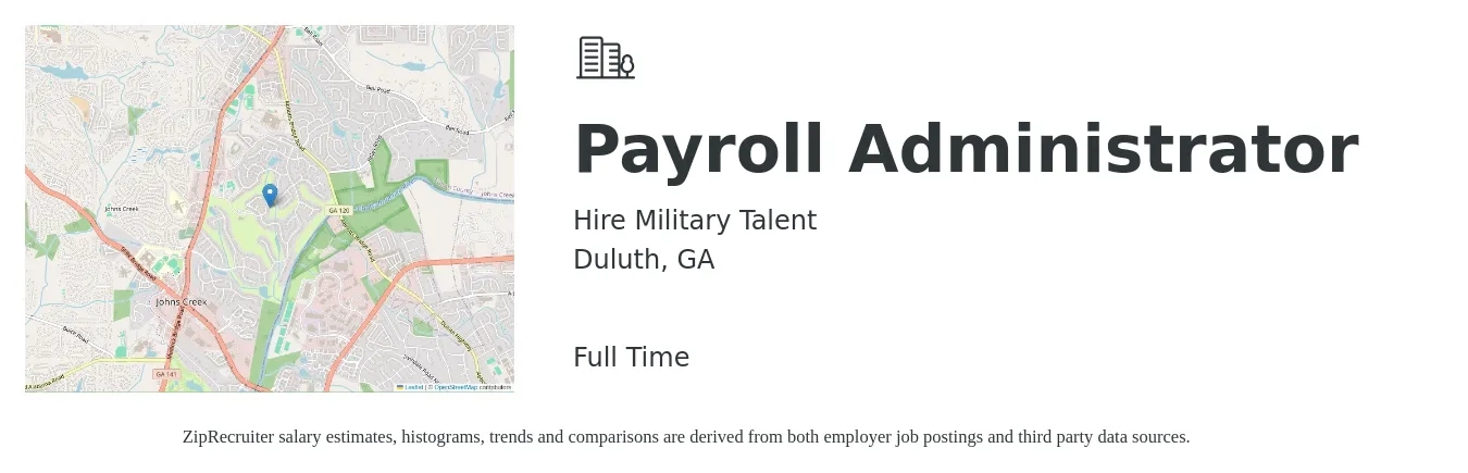 Hire Military Talent job posting for a Payroll Administrator in Duluth, GA with a salary of $22 to $30 Hourly with a map of Duluth location.
