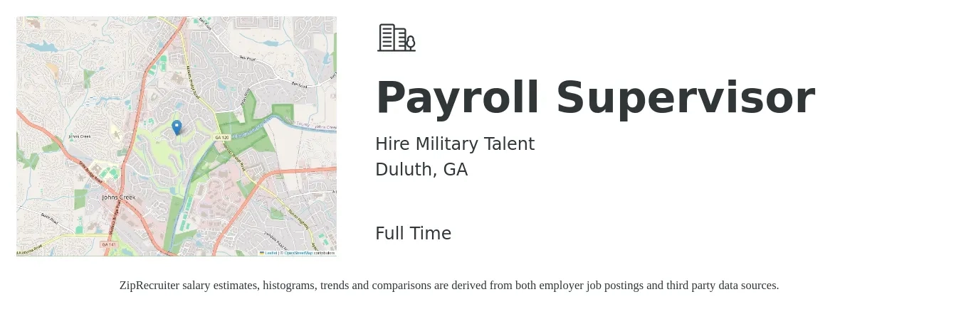 Hire Military Talent job posting for a Payroll Supervisor in Duluth, GA with a salary of $65,400 to $95,700 Yearly with a map of Duluth location.