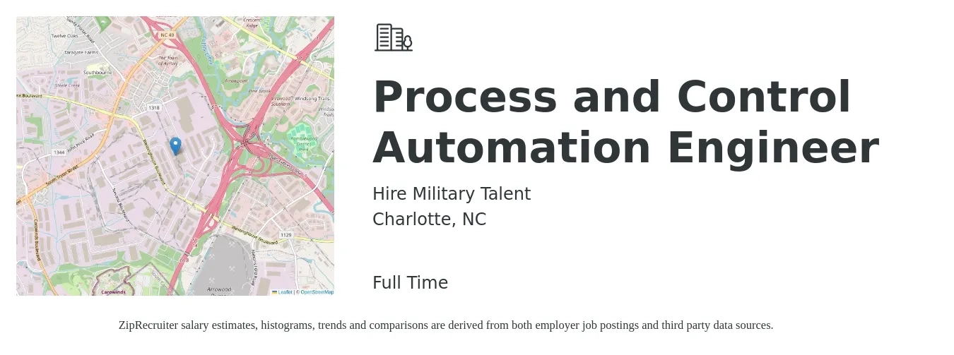 Hire Military Talent job posting for a Process and Control Automation Engineer in Charlotte, NC with a salary of $82,500 to $127,500 Yearly with a map of Charlotte location.