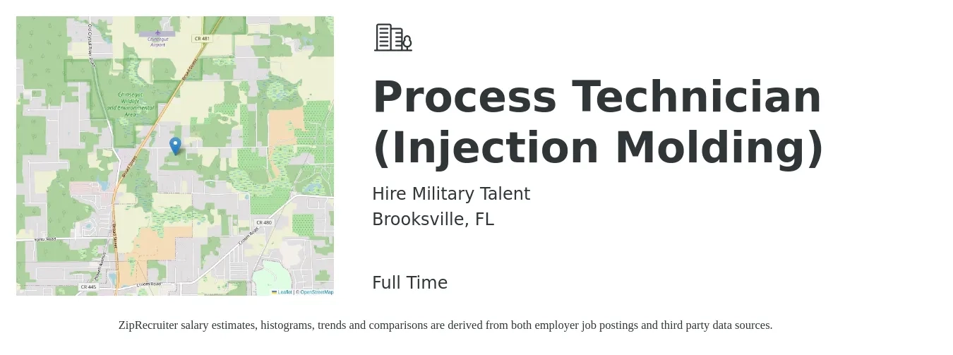 Hire Military Talent job posting for a Process Technician (Injection Molding) in Brooksville, FL with a salary of $20 to $24 Hourly with a map of Brooksville location.
