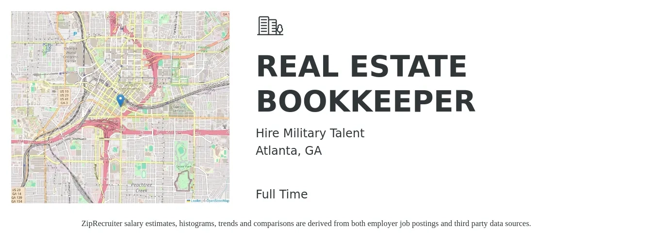 Hire Military Talent job posting for a REAL ESTATE BOOKKEEPER in Atlanta, GA with a salary of $20 to $28 Hourly with a map of Atlanta location.