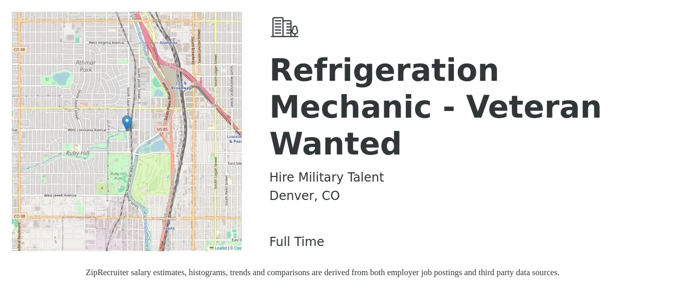 Hire Military Talent job posting for a Refrigeration Mechanic - Veteran Wanted in Denver, CO with a salary of $27 to $35 Hourly with a map of Denver location.