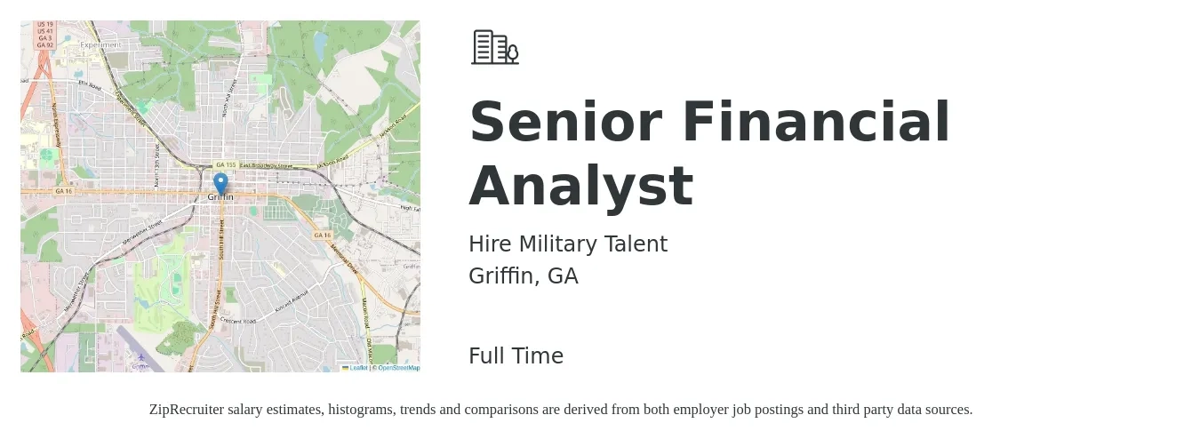Hire Military Talent job posting for a Senior Financial Analyst in Griffin, GA with a salary of $75,800 to $94,400 Yearly with a map of Griffin location.