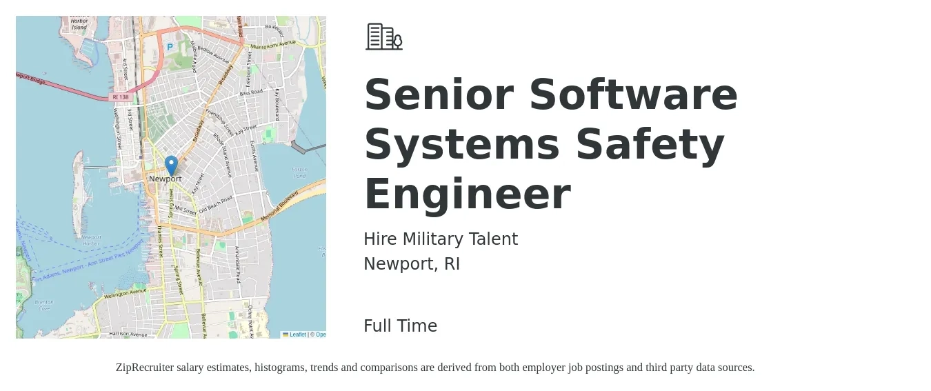 Hire Military Talent job posting for a Senior Software Systems Safety Engineer in Newport, RI with a salary of $106,600 to $160,900 Yearly with a map of Newport location.