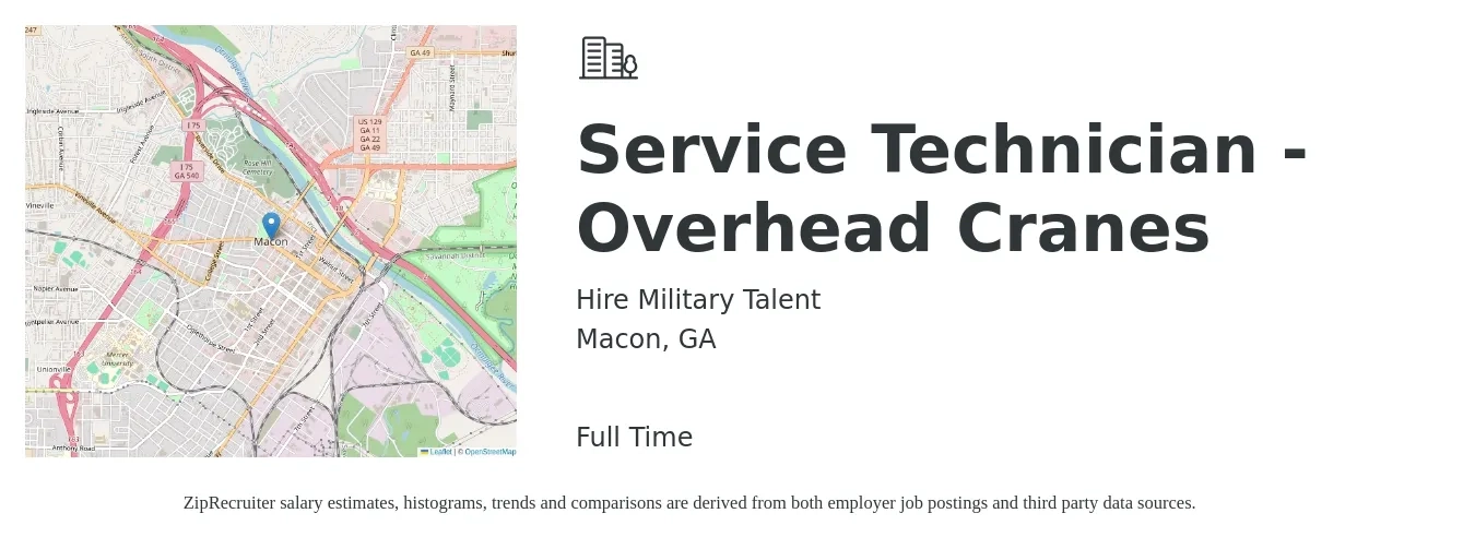 Hire Military Talent job posting for a Service Technician - Overhead Cranes in Macon, GA with a salary of $28 to $36 Hourly with a map of Macon location.