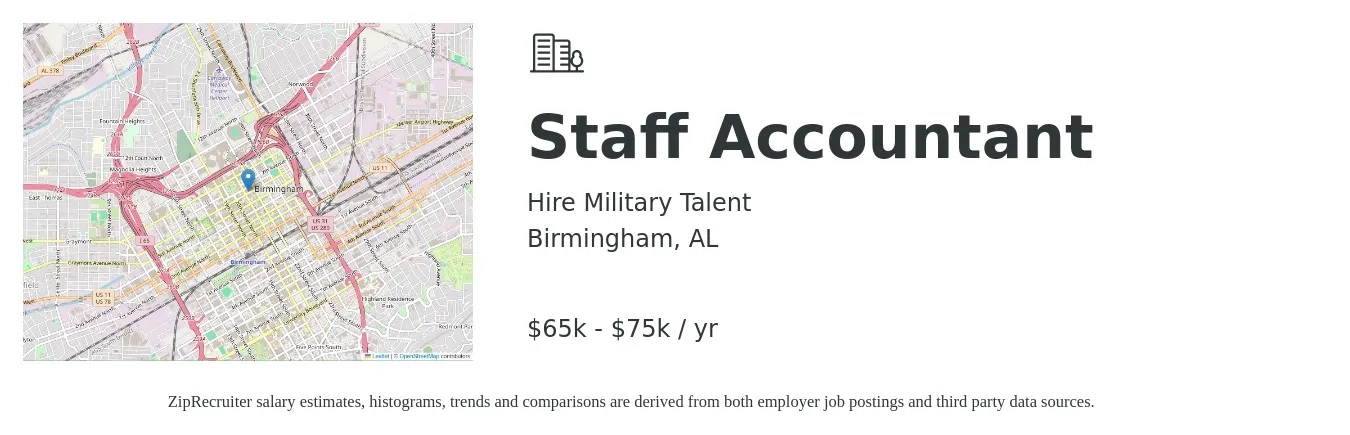 Hire Military Talent job posting for a Staff Accountant in Birmingham, AL with a salary of $65,000 to $75,000 Yearly with a map of Birmingham location.