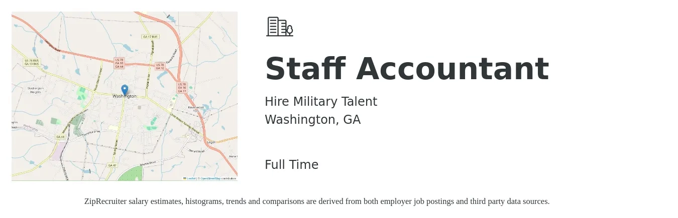 Hire Military Talent job posting for a Staff Accountant in Washington, GA with a salary of $49,700 to $65,500 Yearly with a map of Washington location.