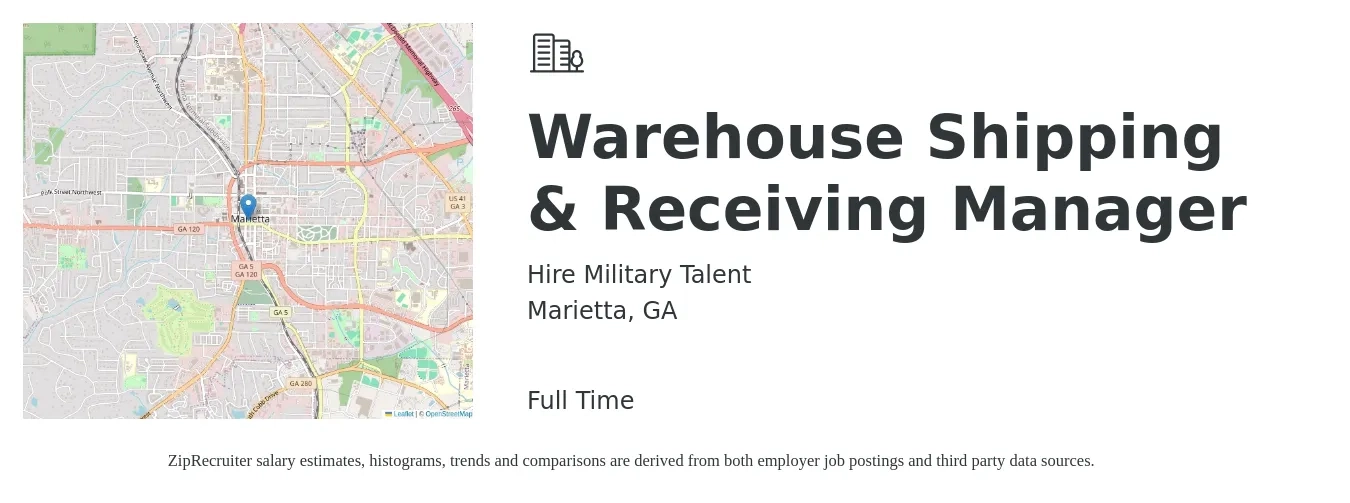 Hire Military Talent job posting for a Warehouse Shipping & Receiving Manager in Marietta, GA with a salary of $21 to $30 Hourly with a map of Marietta location.