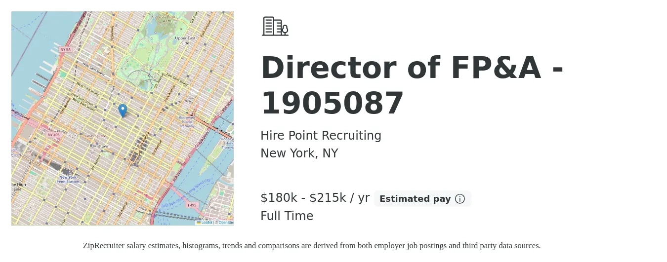 Hire Point Recruiting job posting for a Director of FP&A - 1905087 in New York, NY with a salary of $180,000 to $215,000 Yearly with a map of New York location.