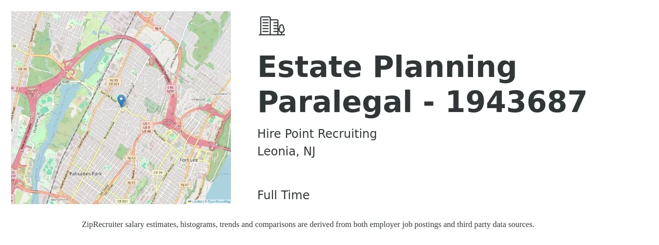 Hire Point Recruiting job posting for a Estate Planning Paralegal - 1943687 in Leonia, NJ with a salary of $51,200 to $71,100 Yearly with a map of Leonia location.