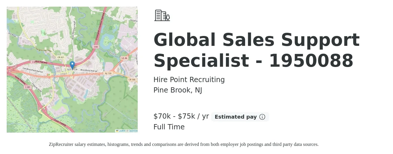 Hire Point Recruiting job posting for a Global Sales Support Specialist - 1950088 in Pine Brook, NJ with a salary of $70,000 to $75,000 Yearly with a map of Pine Brook location.