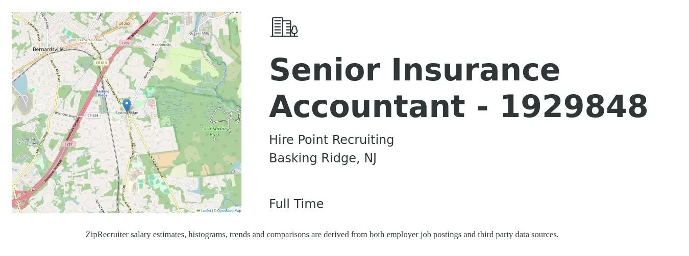 Hire Point Recruiting job posting for a Senior Insurance Accountant - 1929848 in Basking Ridge, NJ with a salary of $76,300 to $95,800 Yearly with a map of Basking Ridge location.