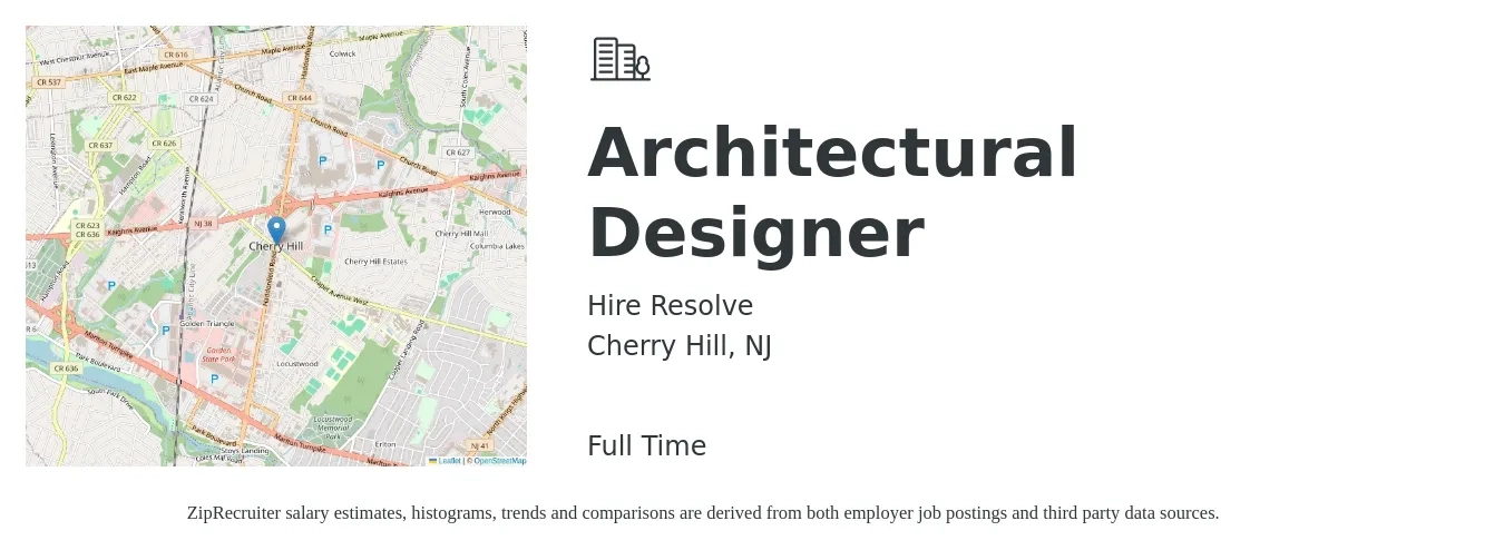 Hire Resolve job posting for a Architectural Designer in Cherry Hill, NJ with a salary of $65,000 to $90,000 Yearly with a map of Cherry Hill location.
