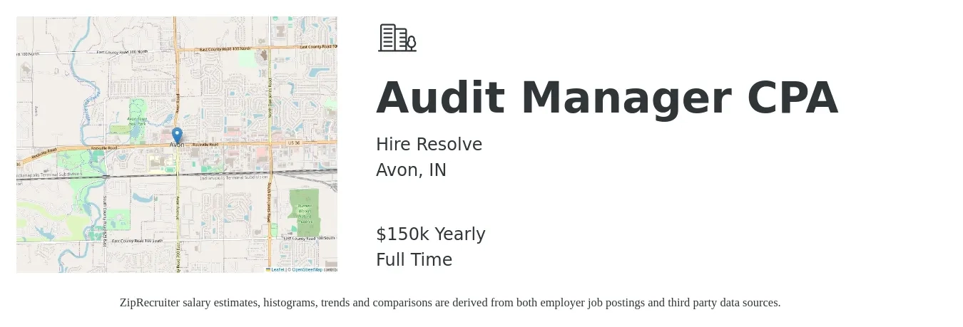Hire Resolve job posting for a Audit Manager CPA in Avon, IN with a salary of $150,000 Yearly with a map of Avon location.