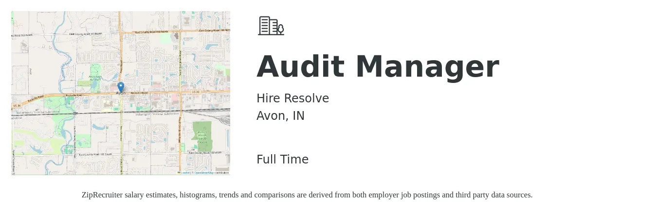 Hire Resolve job posting for a Audit Manager in Avon, IN with a salary of $150,000 Yearly with a map of Avon location.