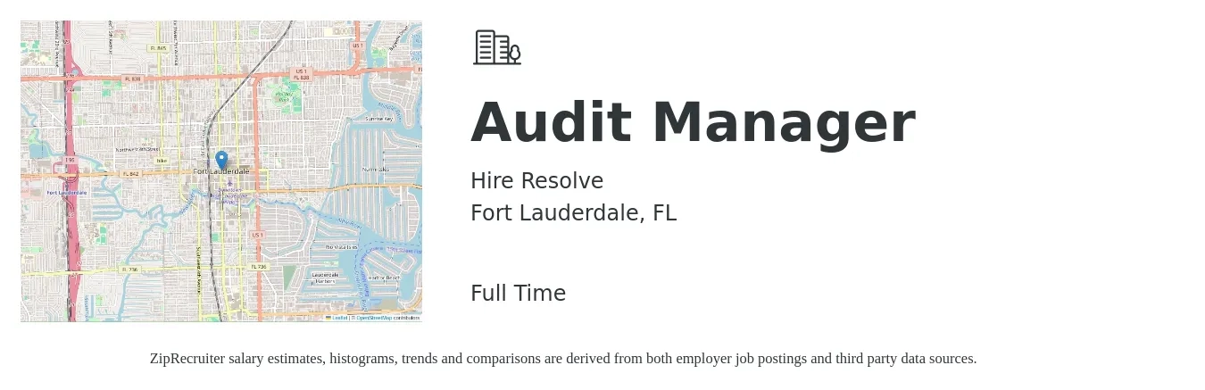 Hire Resolve job posting for a Audit Manager in Fort Lauderdale, FL with a salary of $100,000 to $125,000 Yearly with a map of Fort Lauderdale location.
