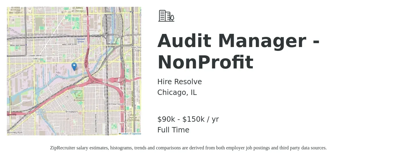 Hire Resolve job posting for a Audit Manager - NonProfit in Chicago, IL with a salary of $90,000 to $150,000 Yearly with a map of Chicago location.