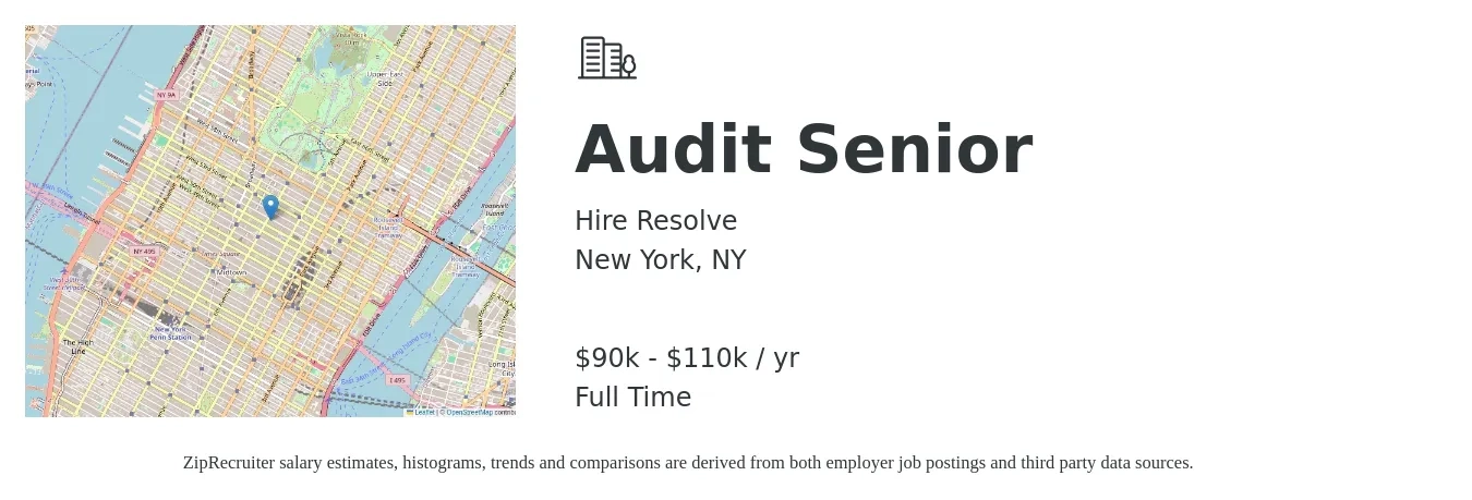 Hire Resolve job posting for a Audit Senior in New York, NY with a salary of $90,000 to $110,000 Yearly with a map of New York location.