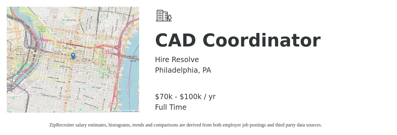 Hire Resolve job posting for a CAD Coordinator in Philadelphia, PA with a salary of $70,000 to $100,000 Yearly with a map of Philadelphia location.