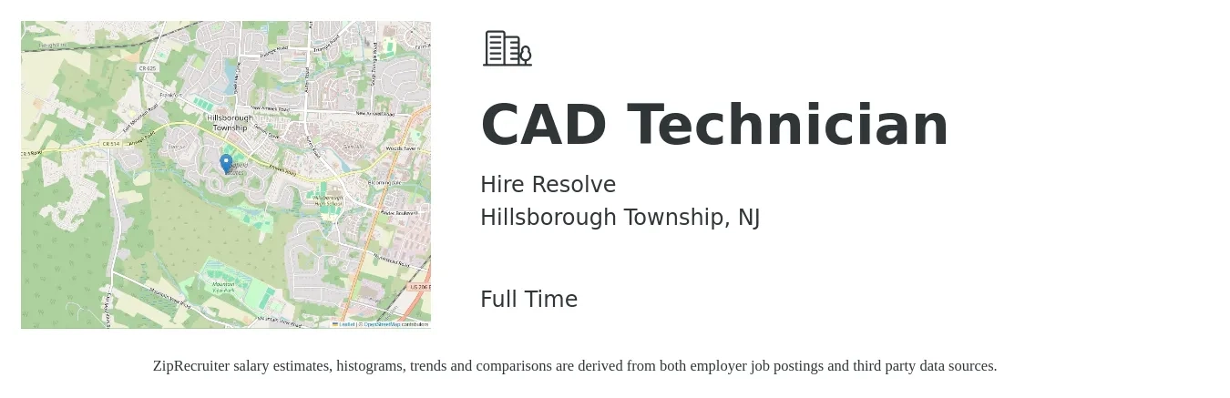 Hire Resolve job posting for a CAD Technician in Hillsborough Township, NJ with a salary of $22 to $33 Hourly with a map of Hillsborough Township location.