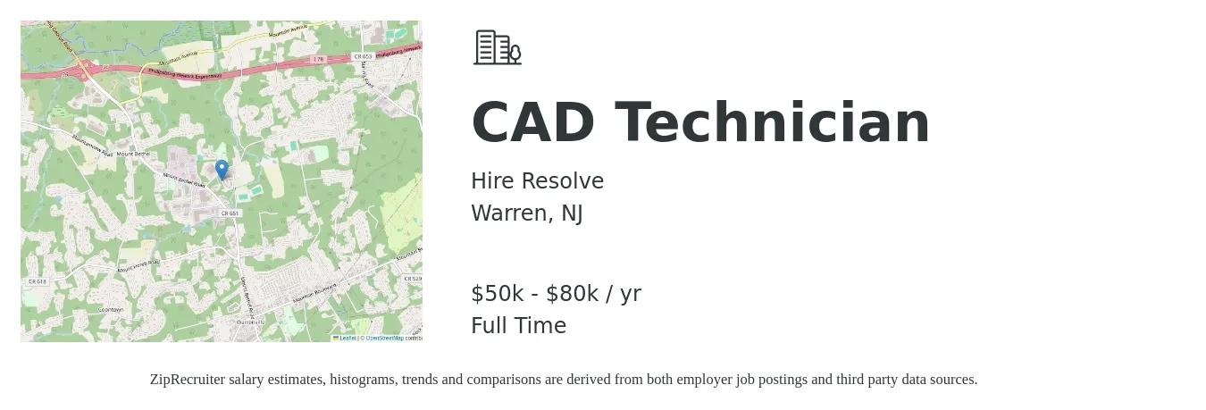 Hire Resolve job posting for a CAD Technician in Warren, NJ with a salary of $50,000 to $80,000 Yearly with a map of Warren location.