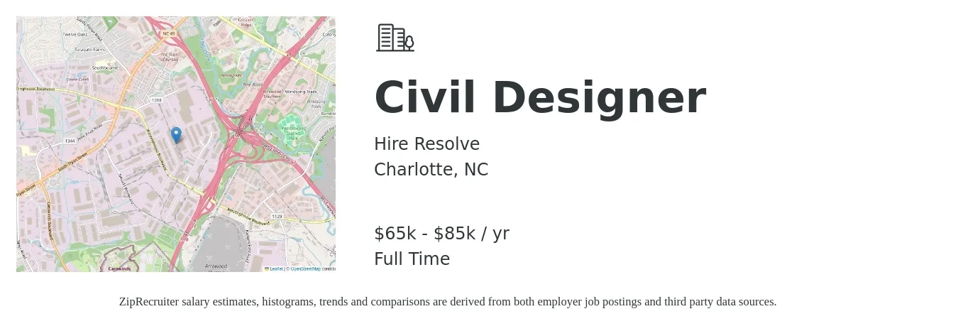 Hire Resolve job posting for a Civil Designer in Charlotte, NC with a salary of $65,000 to $85,000 Yearly with a map of Charlotte location.
