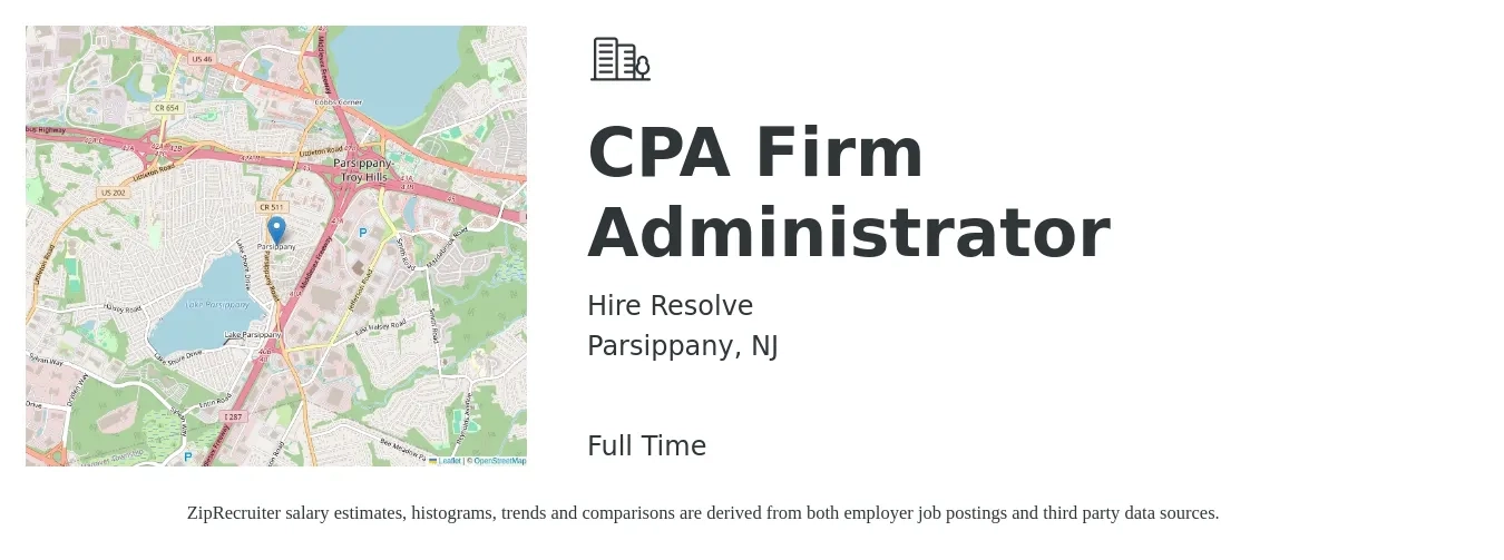 Hire Resolve job posting for a CPA Firm Administrator in Parsippany, NJ with a salary of $60,000 to $95,000 Yearly with a map of Parsippany location.